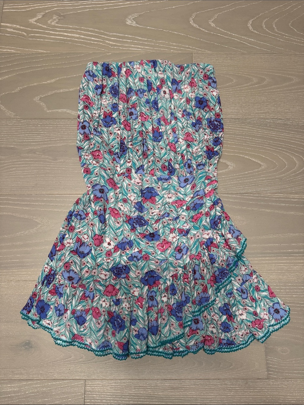 Poupette St. Barth Floral Smocked Strapless Dress โ Teal, Blue & Pink